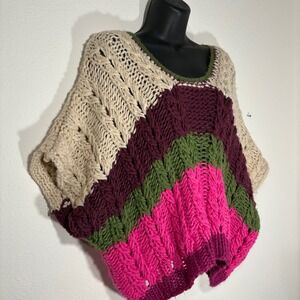 Chunky Poncho Sweater Striped Oversized Batwing Sleeve Cottagecore Indie sleeze